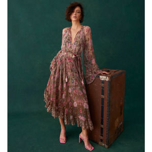 Hemant & Nandita Fara Paisley Floral  Pink & Tan Boho Tie Waist Dress M